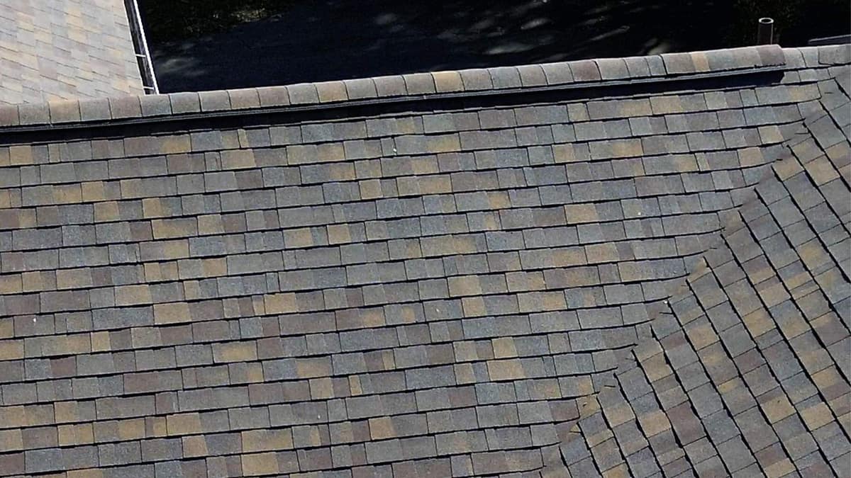 Ridge cap shingles along the top of a slope where two roof planes meet in Alachua