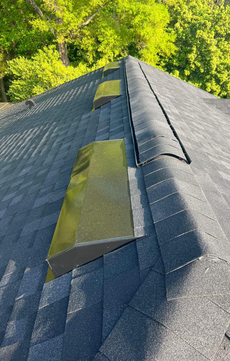 Three tinted skylights in a row beside a ridge vent and capped hip on the Gainesville roof