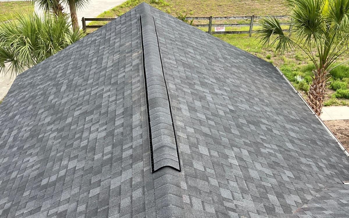 Hip end of the Gainesville roof with a capped ridge vent and palms along a board fence