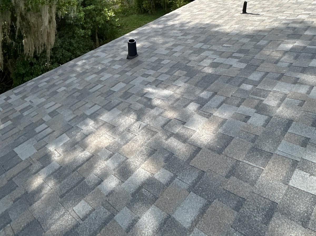 Two black plumbing vent pipes on a sunlit shingle slope with tree shadows in Gainesville