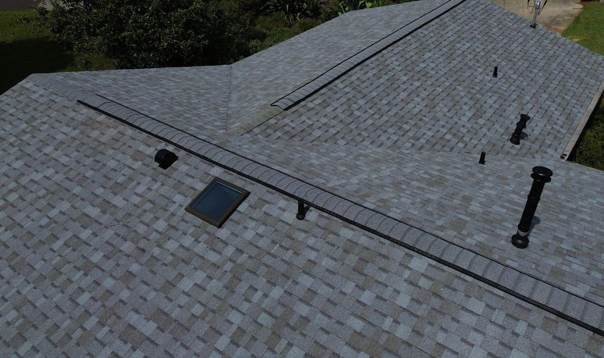 Looking along the main ridge vent past a flat glass skylight and black vents in Gainesville