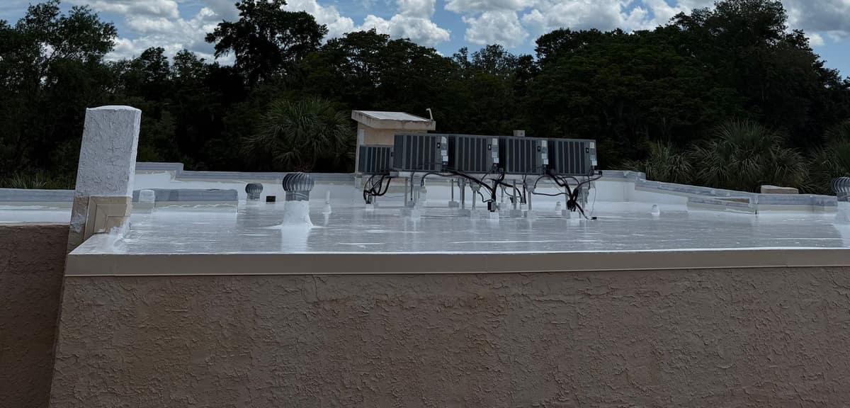 View over a stucco wall of the coated Ocala roof, its condensers and the tree canopy beyond