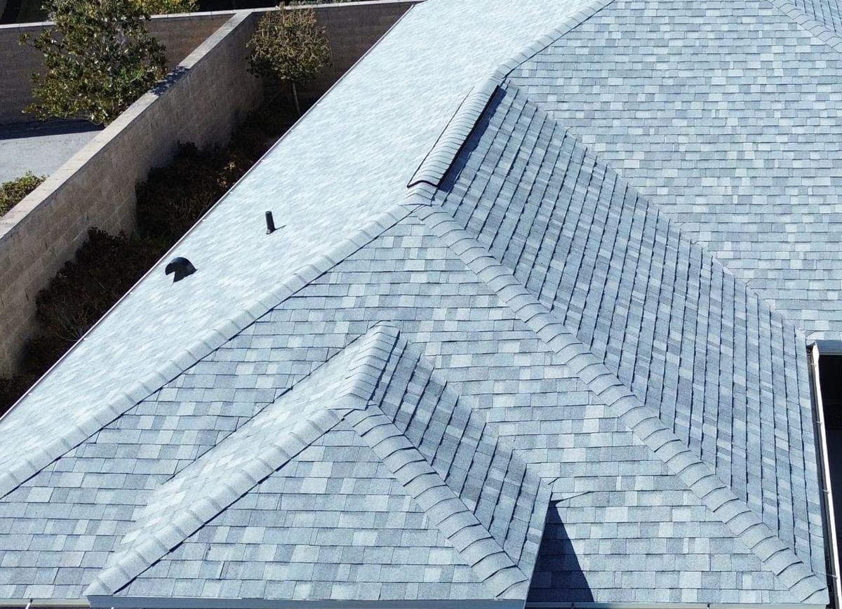 Drone view of the new light gray hip roof on a single-story home in The Villages, FL